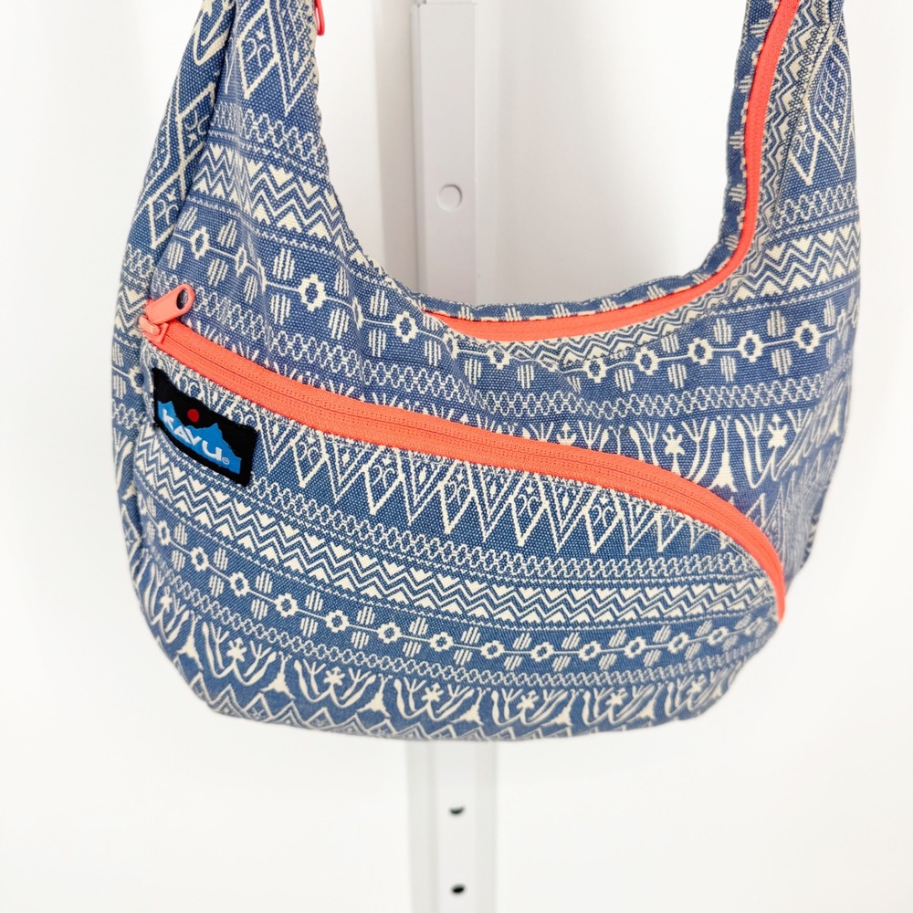 KAVU Sydney Satchel Crossbody Bag Blue Orange Tribal Geometric Canvas One Size - Picture 2 of 12